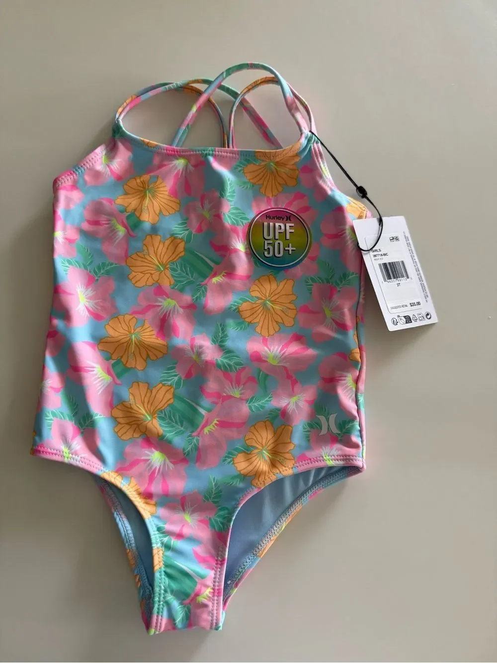 Girls' Floral One-Piece Swimsuit - Pink & Blue